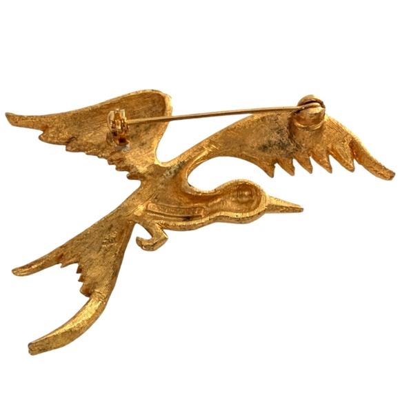 MAMSELLE Signed Flying Crane Gold Brooch Red Jewel Eye - Picture 10 of 12